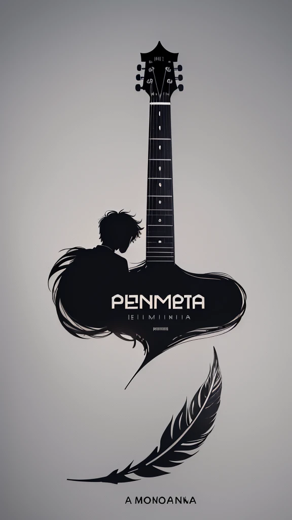 A minimal, modern, simple, cinematic logotype for the brand “Penamemoria". The logotype must be a simple, magical feather and a boy playing acoustic guitar. The logo must convey a sense of music, stories and dreams. Logo design impressed on a book cover. M...