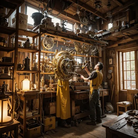 Create a creative and imaginative image of a master craftsman wearing yellow work clothes and proficiently using various tools. Set him in an unconventional and fantastical workshop, such as a steampunk-inspired studio with intricate gears and mechanical w...