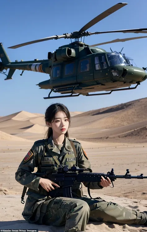 （3 Korean female soldiers），full-body shot，Wearing military uniform，Everyone has an assault rifle.，Delicate face，Beautiful facial features，Firm eyes，Desert and military helicopter in the background，Posture on the plane。