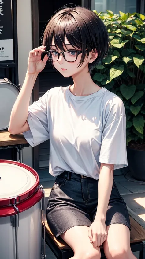 drum、Plain white T-shirt、short hair、Black trousers、Glasses、woman