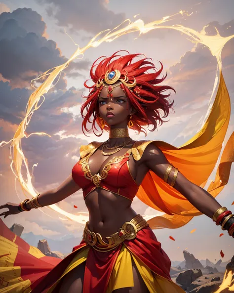 Goddess Iansã background with thunder and lightning, wind. African woman, with angry face, red and yellow clothes, white background, rays in the background, wind in the background, light in the background