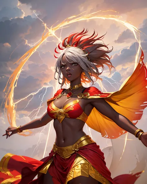 Goddess Iansã background with thunder and lightning, wind. African woman, with angry face, red and yellow clothes, white background, rays in the background, wind in the background, light in the background