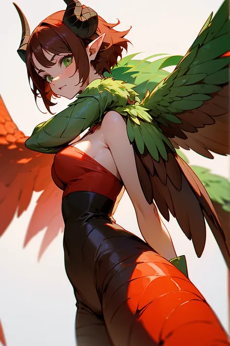 A girl with short brown hair and green eyes.. She has large feathered wings and a long red scaly tail.. On its head there are 2 black horns and it has pointed ears