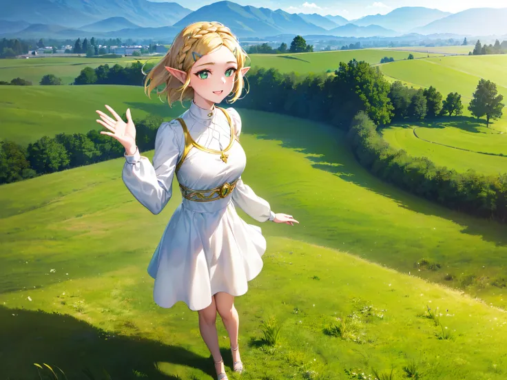 (masterpiece, best quality, high definition:1.2), (1girl, solo:1.3), (blonde hair, short hair, crown braid, hairclip, hair swaying from the wind:1.3), (green eyes, bright pupils, sparkling eyes:1.2), (pointy ears, white dress, long sleeves:1.3), (smile, ha...