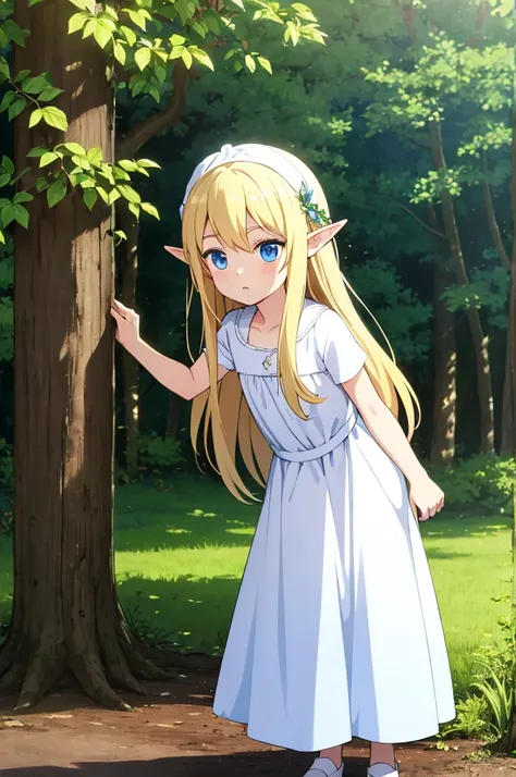 a little boy, elf, blond, long hair, Blue eyes, long white dress, In the woods 