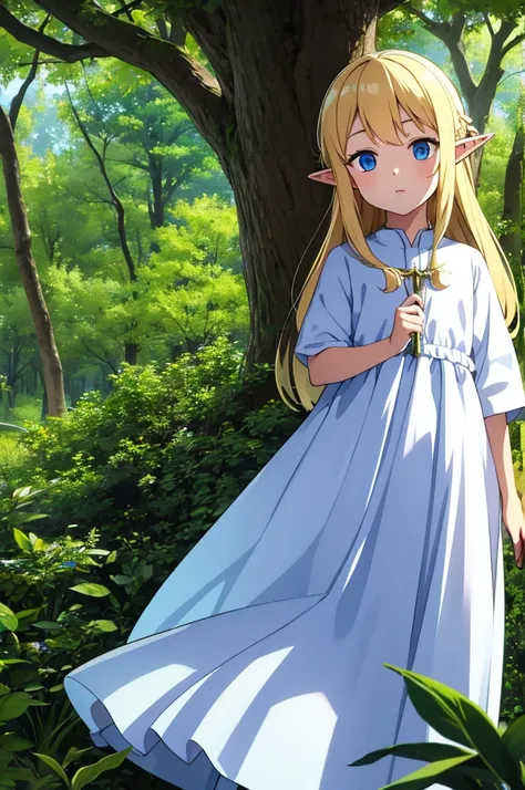 a little boy, elf, blond, long hair, Blue eyes, long white dress, In the woods 