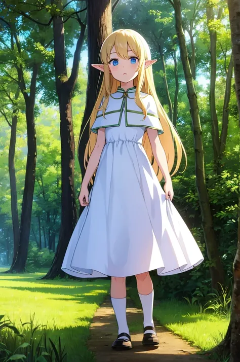 a little boy, elf, blond, long hair, Blue eyes, long white dress, In the woods 