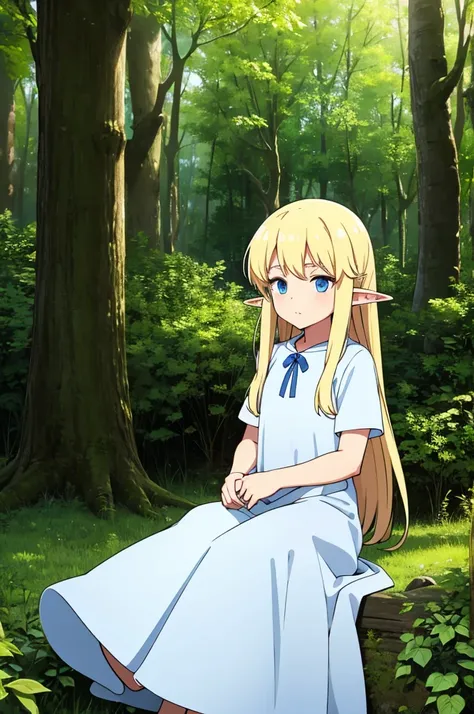 a little boy, elf, blond, long hair, Blue eyes, long white dress, In the woods 