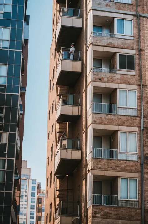 Man looking at the exterior of an apartment building