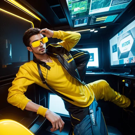 Create a creative and imaginative image of an energetic and stylish entrepreneur man wearing yellow clothes and sunglasses. Set him in an unconventional and futuristic workspace, such as a high-tech office with holographic displays and interactive interfac...