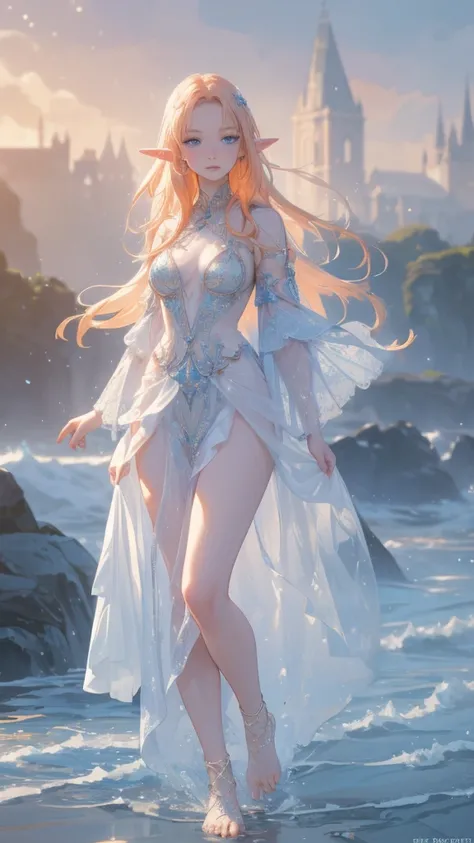 work of art, water effects, best resolution, ultra epic details, No defects, better rendering, hair orange, 
(( rosto angelical)),  ( a beautiful elf ), ( blue eyes ), pale skin, blushed face, bare feet, wearing medieval clothing,  Nature in the background...