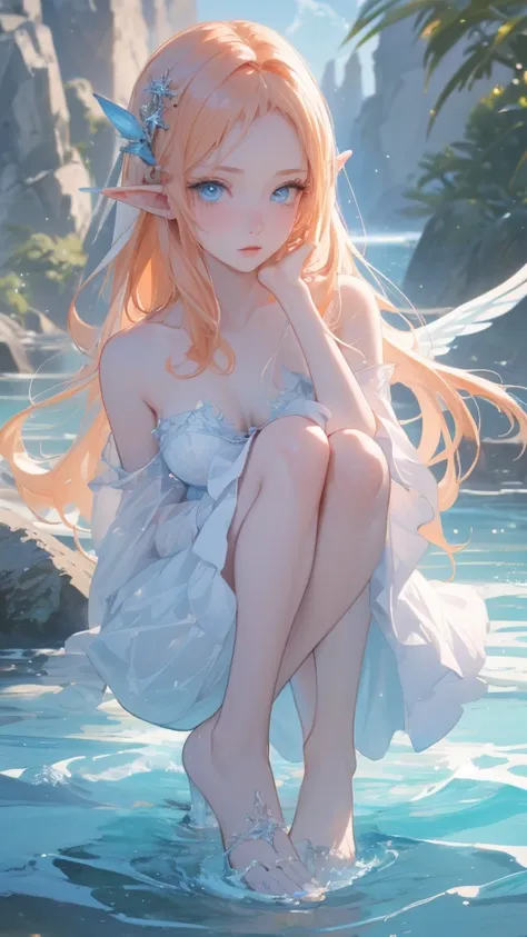 work of art, water effects, best resolution, ultra epic details, No defects, better rendering, hair orange, 
(( rosto angelical)),  ( a beautiful elf ), ( blue eyes ), pale skin, blushed face, bare feet, wearing medieval clothing,  Nature in the background...