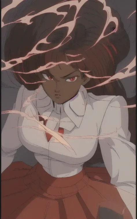 90s anime  black skinned business girl in a white blouse , red skirt and long red blazer 