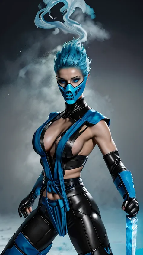 Frost, blue hair,  blue eyes, solo, standing, close up, short hair up, spiked hair,covered nipples, 
FroNin, mask,  fingerless elbow gloves, ,bodysuit ,thighhighs, black footwear, heels, pelvic curtain, stars,typical  blue martial arts uniform, arm and leg...