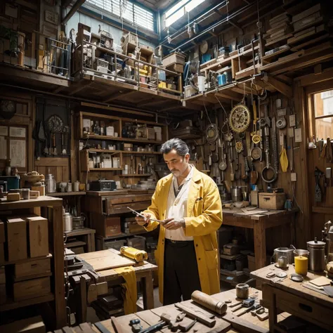 Create a creative and imaginative image of a master craftsman wearing yellow work clothes and proficiently using various tools. Set him in an unconventional and fantastical workshop, such as a steampunk-inspired studio with intricate gears and mechanical w...