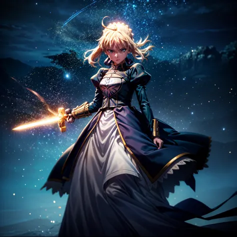 Saber (fate series), holding sword, glowing sword,aura particles surrounding her , glowing particles, night sky, masterpiece,32k, high quality 