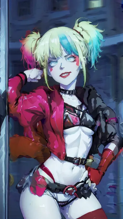 masterpiece, Best quality, A high resolution, 1 girl, hair braided in two short ponytails, very detailed eyes, Fine detail, Correct anatomy 1.1., Harley Quinn from Suicide Squad, open jacket with short sleeves shorts studded belt mesh belt chain gloves bra...