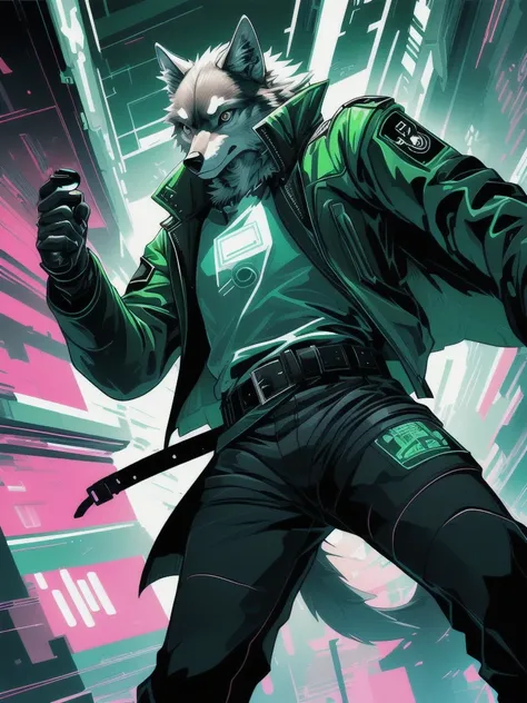 masterpiece, detailed eyes, 
musuclar male, solo, furry, canid, wolf, (eyepiece:1.5), 
cyberpunk, coat, black pants, belt,
(green theme:1.1), (pink theme:0.9), (color contrast:1.2), 
high contrast, 
binary code,
dutch angle, action pose, motion lines, icon...