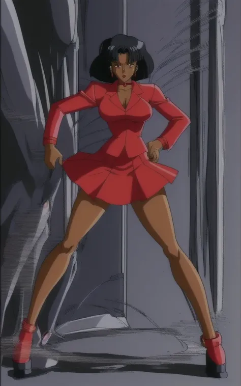 90s anime  black skinned business girl  in a red skirt suit 