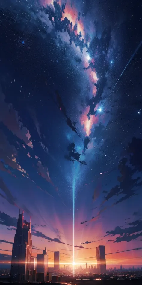 anime - style scene of a beautiful sky with a star and a planet, cosmic skies, Cityscape. by makoto shinkai, anime art wallpaper 4k, anime art wallpaper 4 k, anime art wallpaper 8 k, anime wallpaper 4k, anime wallpaper 4 k, 4k anime wallpaper, anime sky, a...