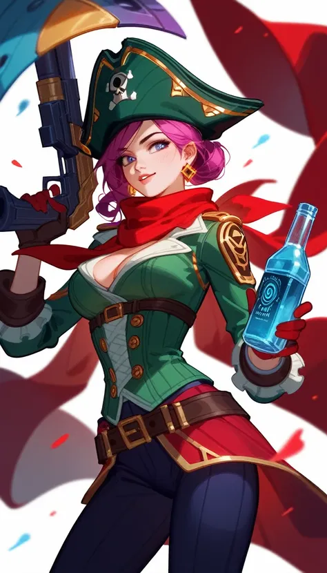 (Fraction_9,Fraction_8_Direction_7_up),（1 woman），Female Pirate，Pirate hat，scarf，curls，Black monocular，Girl with gun and hat holding bottle, doom league of legends, doom, League of Legends Characters art, 英雄联盟Style Art, Style Art, Game concept art, League o...