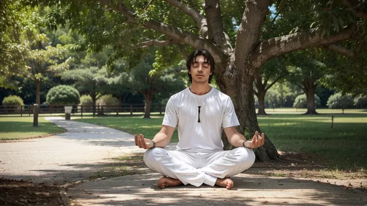 A picture of a man wearing white clothing meditating under a tree.