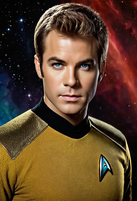 A portrait of "Star Treks" James T. Kirk whose facial features are a combo of Paul Wesley + Chris Pine + William Shatner. Kirk wears his TOS Starfleet uniform consisting of a gold shirt and black pants and black boots. "Star Trek" setting. Symmetrical eyes...