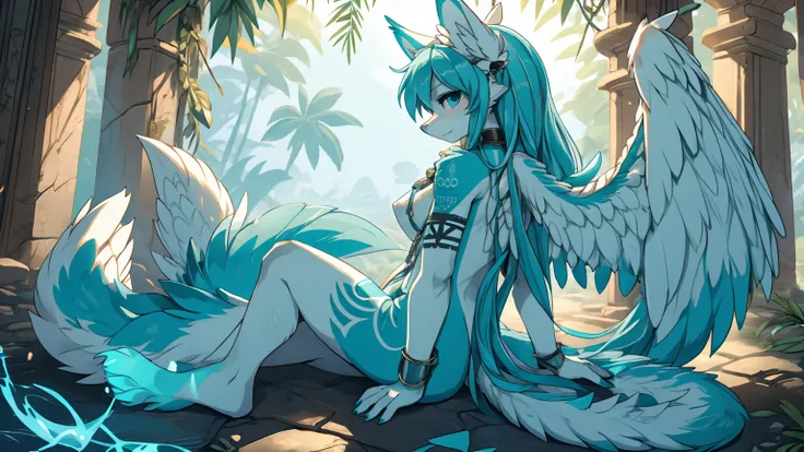 Miku Hatsune, add high definition_detail:1, blue fur,kitsune ears, tribal tattoo add_detail:1, in a ruins in the jungle, barefoot, the same, giant aqua feather wings add_detail:1 ,alas hermosas la mejor calidad y detail en las plumas, add blue saturation l...