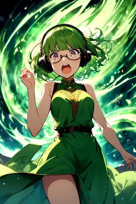 (extremely detailed fine touch:1.3), solo, (((semi-rimless eyewear:1.3))), (headphone:1.2), short hair, blunt bangs,bare arms,1 girl, green robe, Yelling, standing, one hand up, 
A female archmage who thrusts her hand into the sky and releases a great spel...