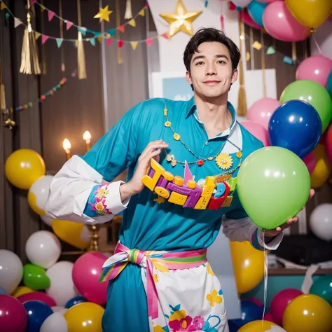 Create a creative and imaginative image of a kind-looking consul man wearing blue clothes and holding a birthday cake. Set him in an unconventional and whimsical setting, such as a magical garden with floating candles and colorful confetti raining down, or...