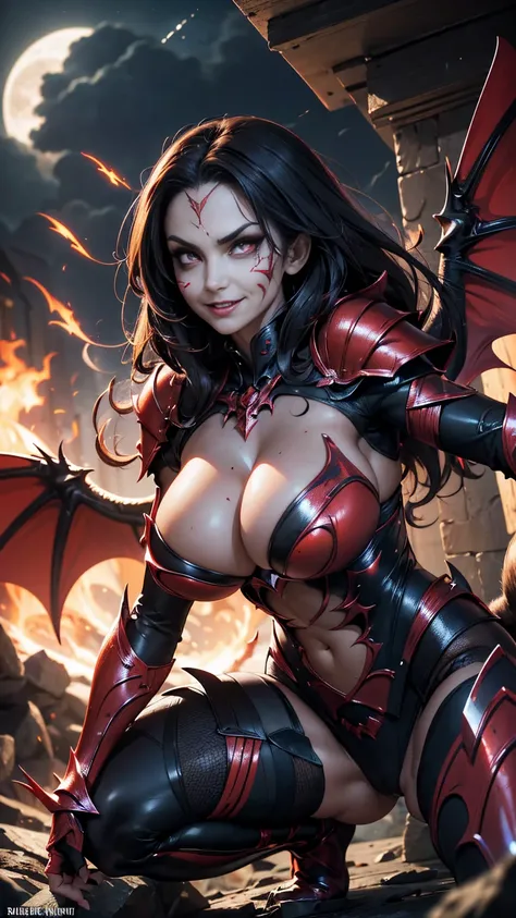 girl, gargoyle warrior, AvaAddams, crouching, evil look, sexy, armour panties lowleg, claws, fangs, wings, busty,  massive tail, demonic armor, facepaint, bodypaint, red glowing eyes, combat stance, vibrant appearance, creative behavior, menacing, evil smi...