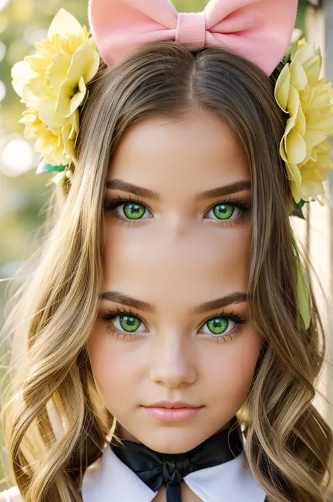 a beautiful girl, with green eyes and holding flowers. She has a black bow on her head. Her hair is yellow. She has two light yellow cat ears and a half bow. half white pink