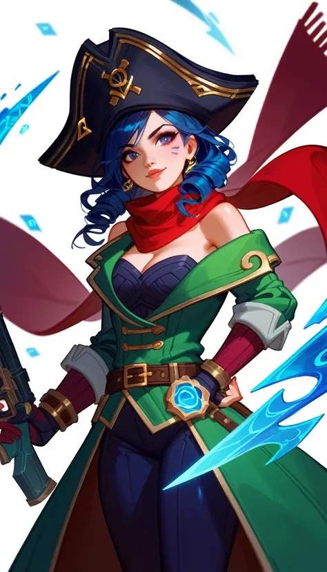 (Fraction_9,Fraction_8_Direction_7_up),（1 woman），Female Pirate，hat，Off-shoulder，scarf，curls，Black monocular，Holding a gun, doom league of legends, doom, League of Legends Characters art, 英雄联盟Style Art, Style Art, Game concept art, League of Legends concept...