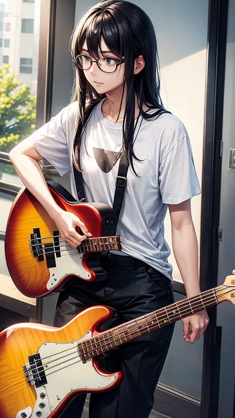 1 bass guitar、Plain white T-shirt、Long Hair、Black trousers、Glasses、woman