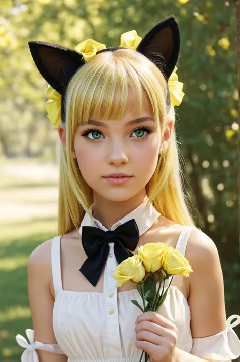 a beautiful girl, with green eyes and holding flowers for someone give her. She has a black bow on her head. Her hair is yellow. She has two light yellow cat ears and a half bow. half white pink