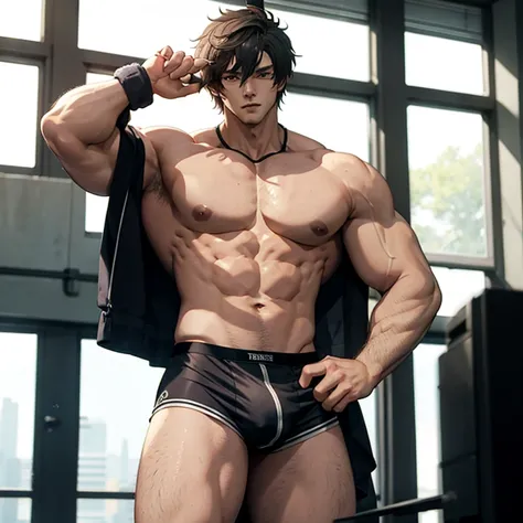 Masterpiece, Best quality, Korean mans, gym background, muscle body, Natural eyes, large bulge, short detailed hair, Sexy guys, looking at viewert, top less, Black briefs, Triangle mens underwear, a little, standing, musculature