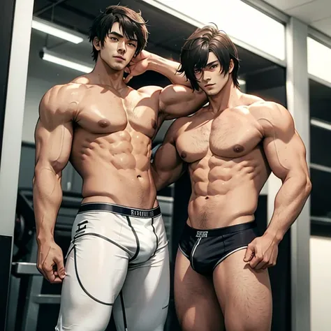 Masterpiece, Best quality, Korean mans, gym background, muscle body, Natural eyes, large bulge, short detailed hair, Sexy guys, looking at viewert, top less, Black briefs, Triangle mens underwear, a little, standing, musculature