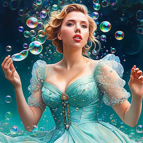 a painting of Scarlett Johansson in a dress blowing bubbles, loish and wlop, ethereal bubbles, moebius + loish + wlop, dreamy and detailed, intricate wlop, closeup fantasy with water magic, fairytale artwork, fairytale painting, in style of anna dittmann, ...