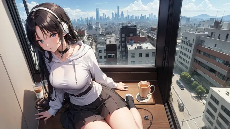 Absurd, Ultra-high resolution, (Official Art, beautifully、mysterious:1.2), Anime Art Wallpaper, 8K, Works by Makoto Xin Haicheng, Lofi Art Style, Correct human body composition, Striking eyes, Oversized hoodie and short skirt, Shiny long black hair, Larger...