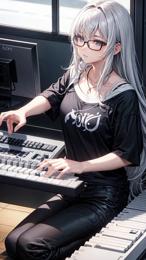 play keyboard、Plain white T-shirt、Wolf Hair、Black trousers、Glasses、woman