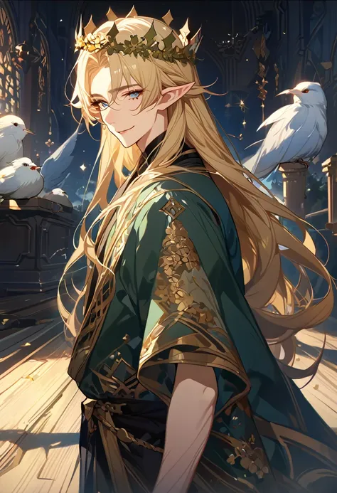 masterpiece, best quality, 8k ,4k , 1male, elf King, Golden Blond, Blue greenish eyes, gold wreath crown, hair ornament, long hair, finely detailed eyes and detailed face, looking at viewer, black sleeveless, half robe, patterned clothes, gold embroidery c...