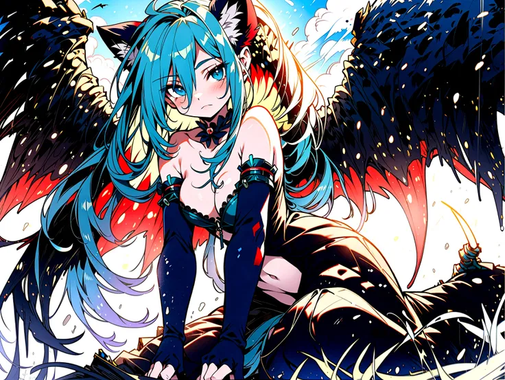 Miku Hatsune, add high definition add_detail:1, blue fur,kitsune ears, tribal tattoo add_detail:1, in a ruins in the jungle, barefoot, tribal costume add_details:1, giant aqua feather wings add_detailsl:1 ,alas hermosas la mejor calidad y detail en las plu...