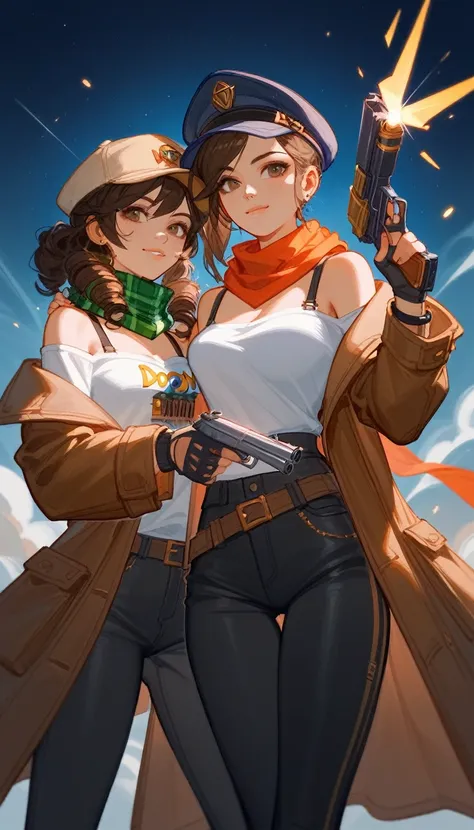 (Fraction_9,Fraction_8_Direction_7_up),（1个female人），female，hat，Off-shoulder，scarf，curls，White clothes，Brown coat，Black pants，Holding a gun, doom , League of Legends Characters, 英雄联盟Style Art, Style Art, Artjem and Louis van Baarle, Character ink art