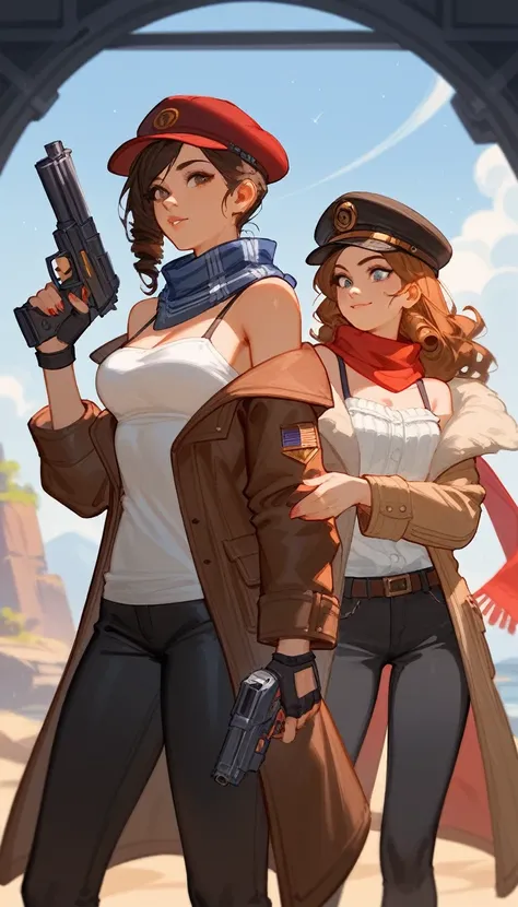 (Fraction_9,Fraction_8_Direction_7_up),（1个female人），female，hat，Off-shoulder，scarf，curls，White clothes，Brown coat，Black pants，Holding a gun, doom , League of Legends Characters, 英雄联盟Style Art, Style Art, Artjem and Louis van Baarle, Character ink art