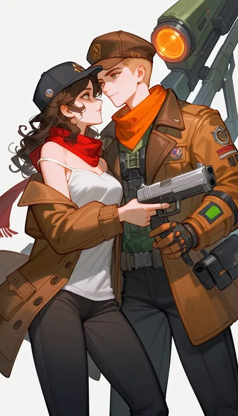 (Fraction_9,Fraction_8_Direction_7_up),（1个female人），female，hat，Off-shoulder，scarf，curls，White clothes，Brown coat，Black pants，Holding a gun, doom , League of Legends Characters, 英雄联盟Style Art, Style Art, Artjem and Louis van Baarle, Character ink art