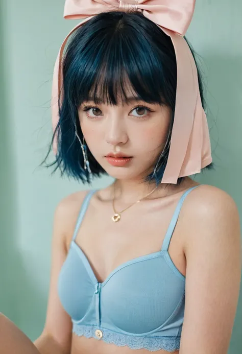 in the room, underwear, blush, Focus on the face, Bangs, Hair ring, Blue Hair