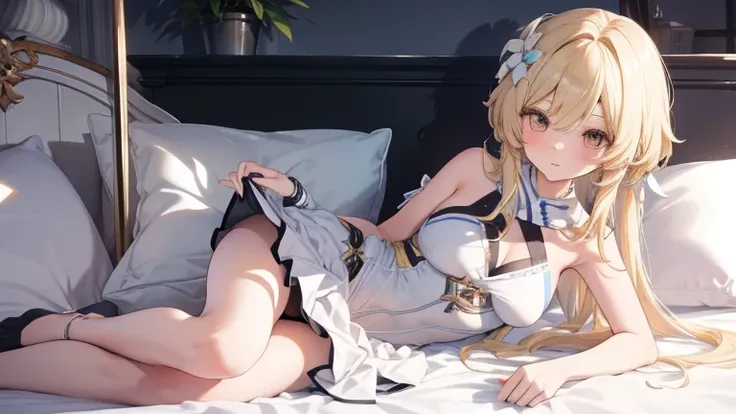 best quality，Super detailed，Perfect limbs，floor、mini skirt，Clothes with intricate details，Bright，Swimsuit，one person，blond，Sexy、Deep sleep、long hair、Stockings