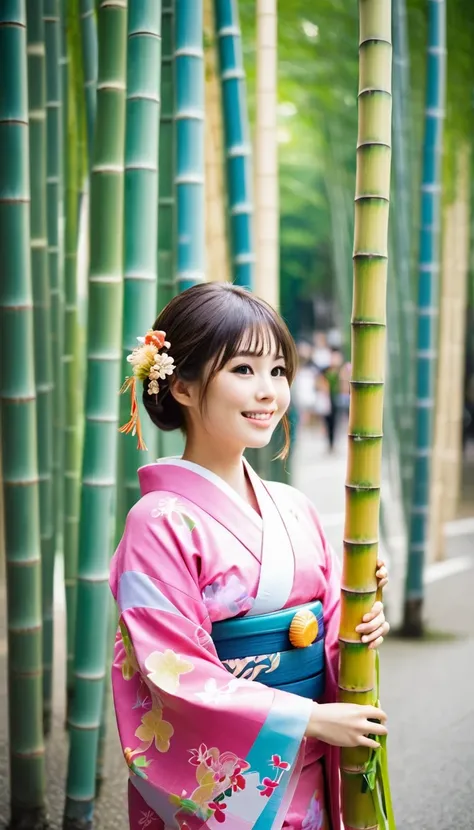 ((a girl in a yukata)),((Tanabata festival, decorated all bamboos:1.37)), ((many colorful strips of paper hanging from the bamboo branches:1.27)), 