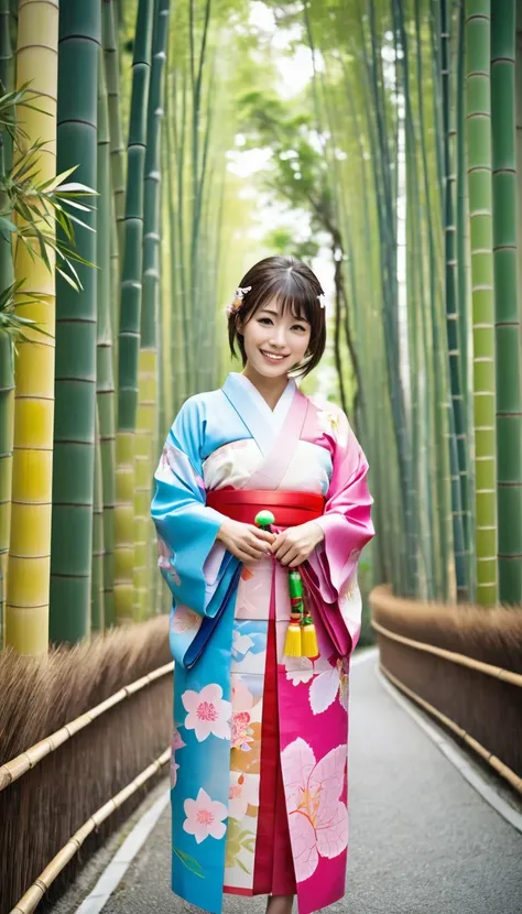 ((a girl in a yukata)),((Tanabata festival, decorated all bamboos:1.37)), ((many colorful strips of paper hanging from the bamboo branches:1.27)), 