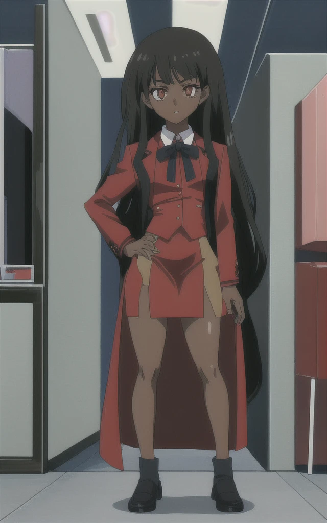 90s anime  black skinned business girl  in a red blazer skirt suit with a blouse underneath 